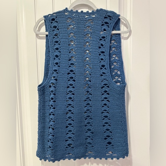 Sweaters - Blue hand knit + crochet vest